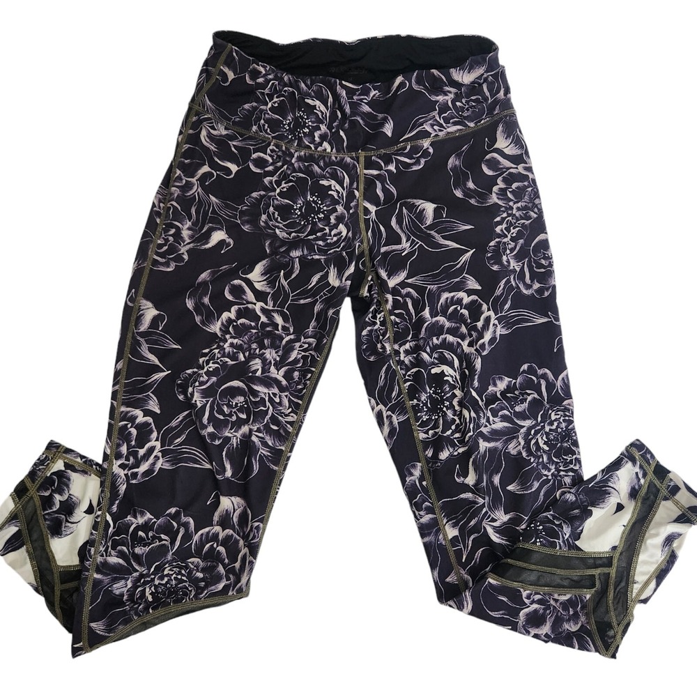 Ideology Yoga Pants Size Medium Gray Floral Athletic Leggings Running CrossFit